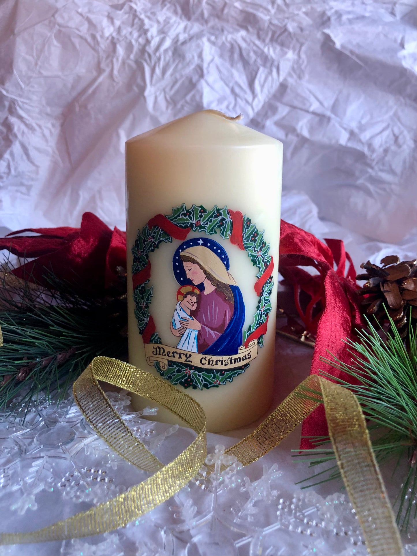 Holly Wreath Christmas Candle