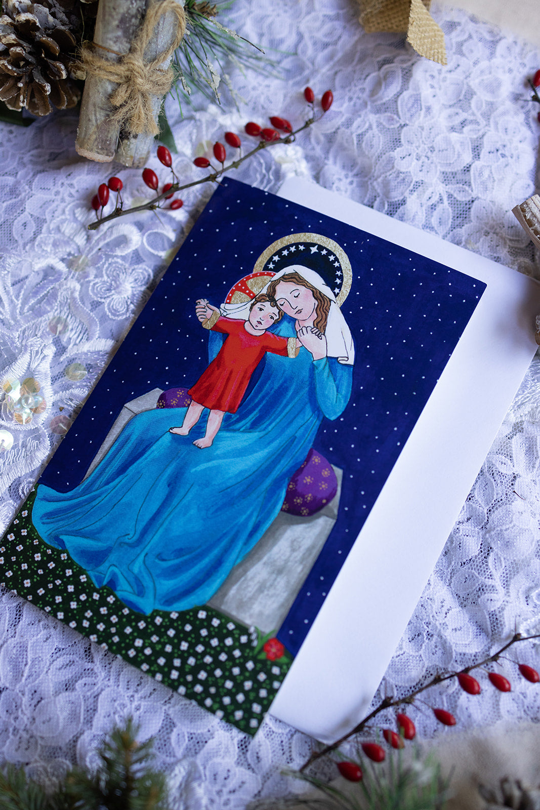Christmas Card with picture of Christ Child and the Virgin Mary